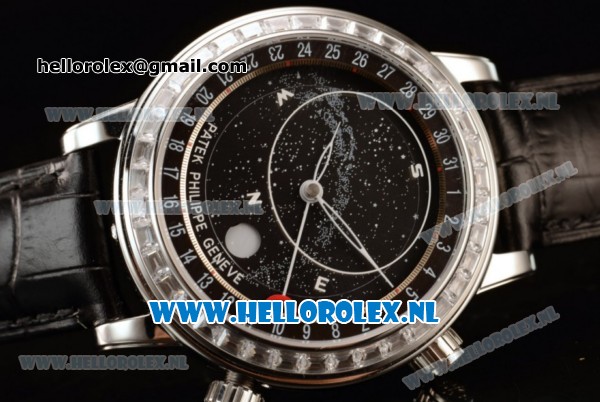 Patek Philippe Grand Complication Sky Moon Celestial Compass Miyota 9015 Automatic Steel Case with Black Dial and Black Genuine Leather Strap (GF) - Click Image to Close